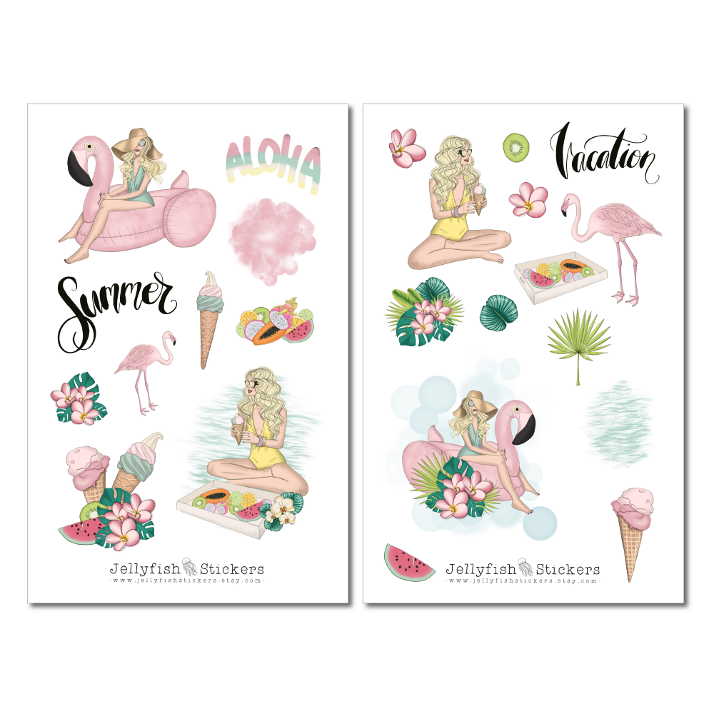 Mädchen im Urlaub Sticker Set