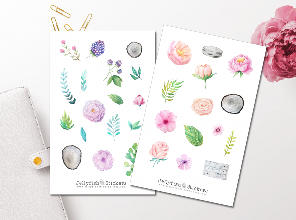 Blumen und Holz Sticker Set