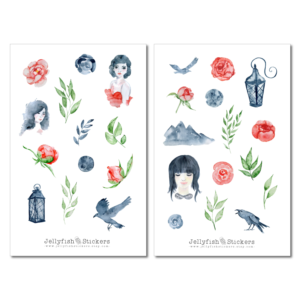 Mädchen und Krähen Sticker Set