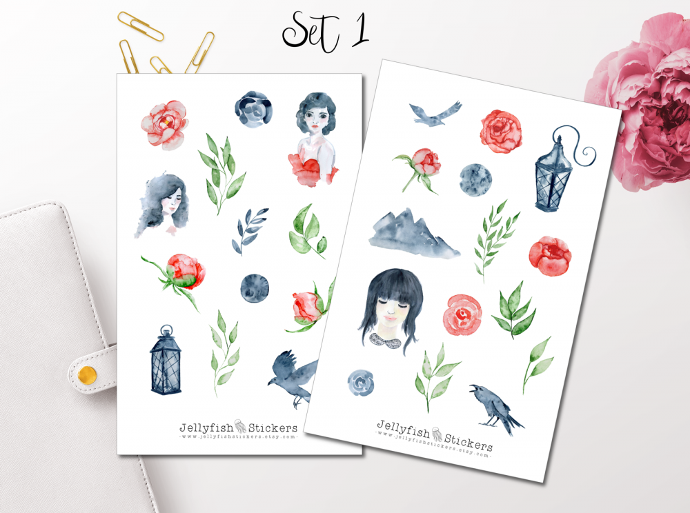 Mädchen und Krähen Sticker Set