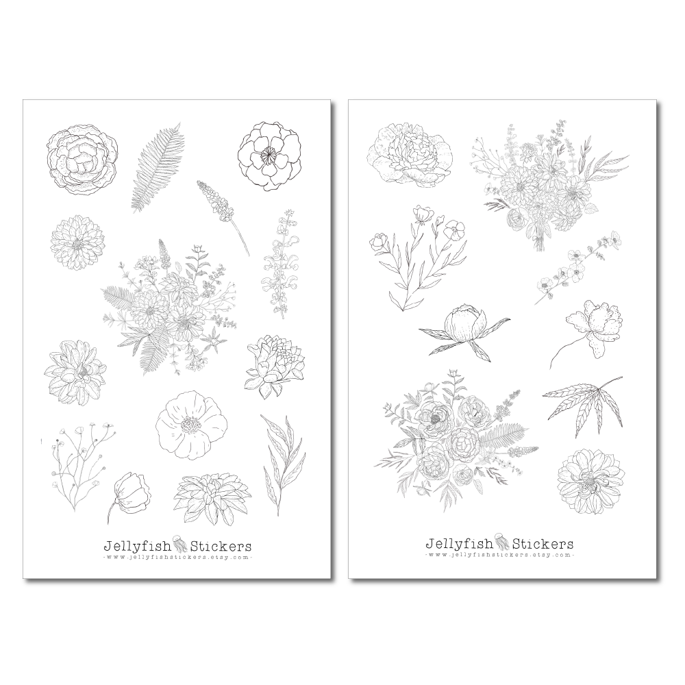 Flowers Sticker Set Black and White