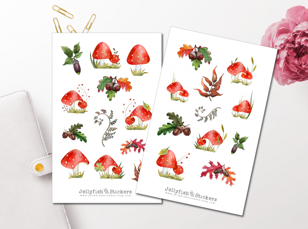 Pilze und Eicheln Sticker Set