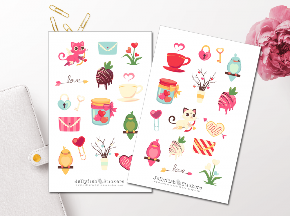 Valentine's Day Cat and Bird Sticker Set