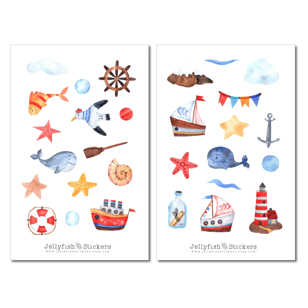 Maritime Watercolor Cute Sticker Set