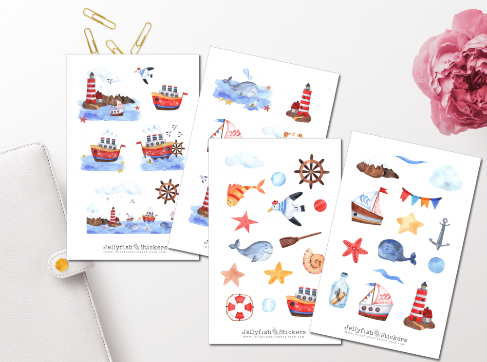 Maritime Watercolor Cute Sticker Set