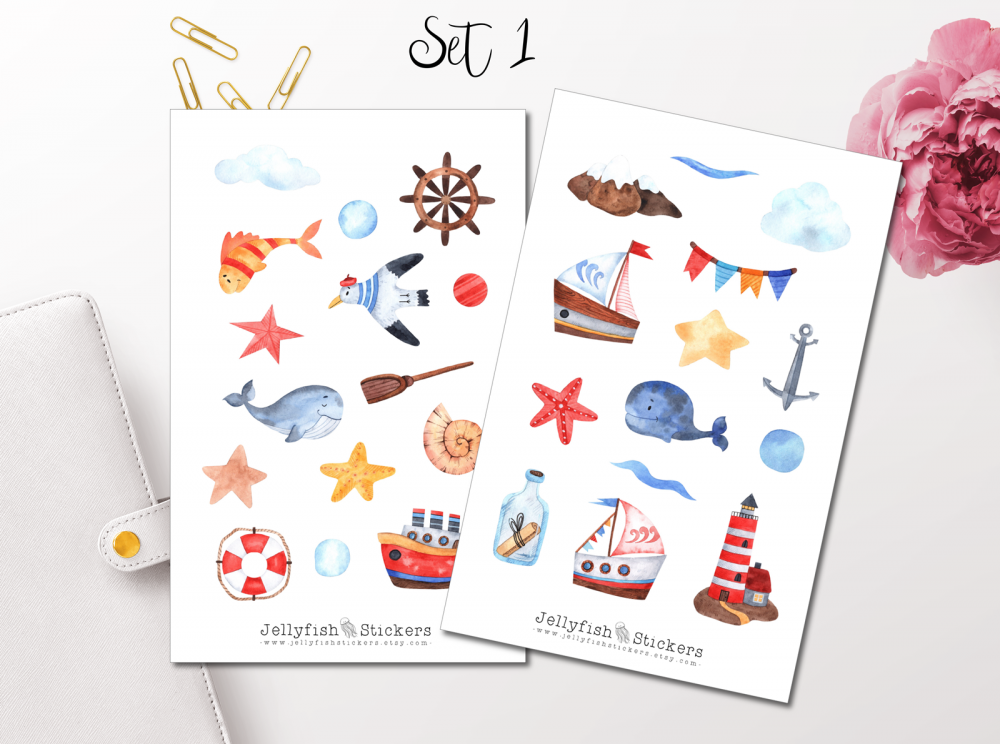 Maritime Watercolor Cute Sticker Set