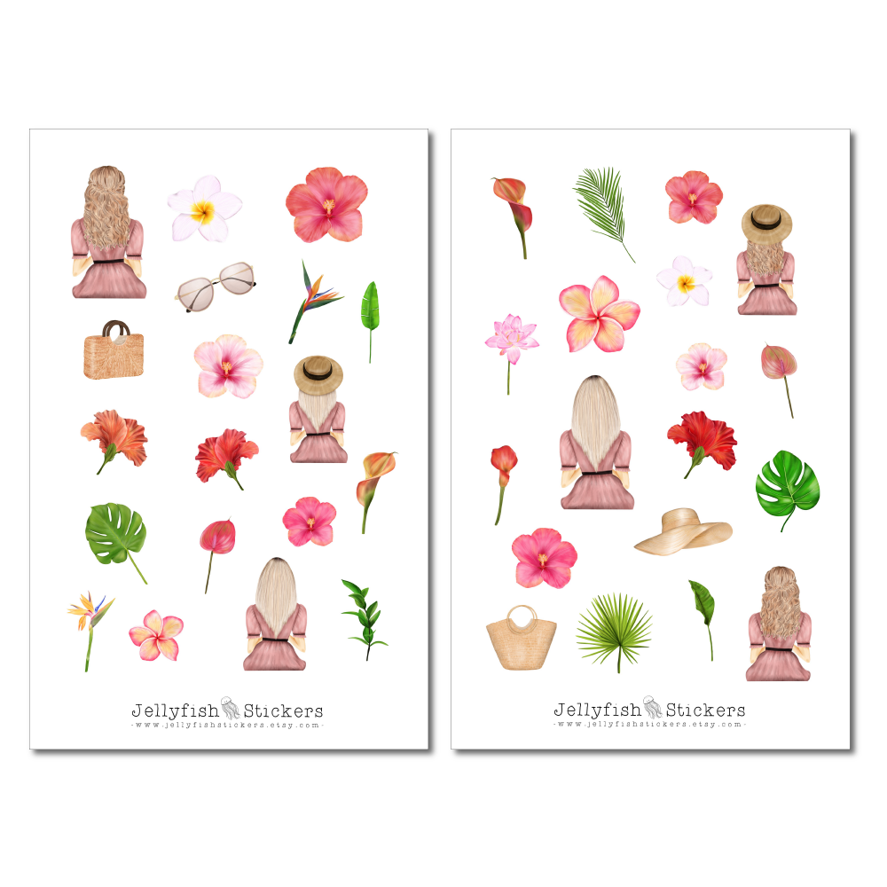 Mädchen Tropische Blumen Sticker Set