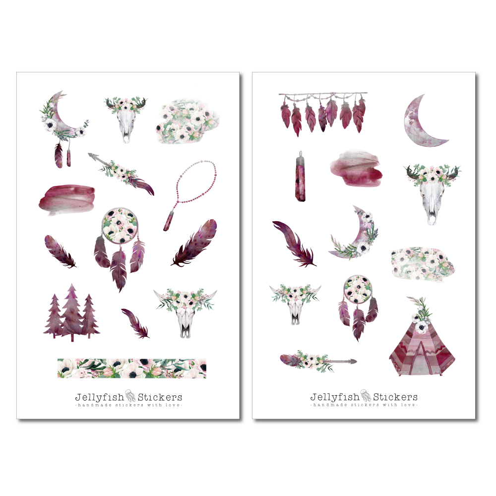 Boho Aquarell Blumen Sticker Set