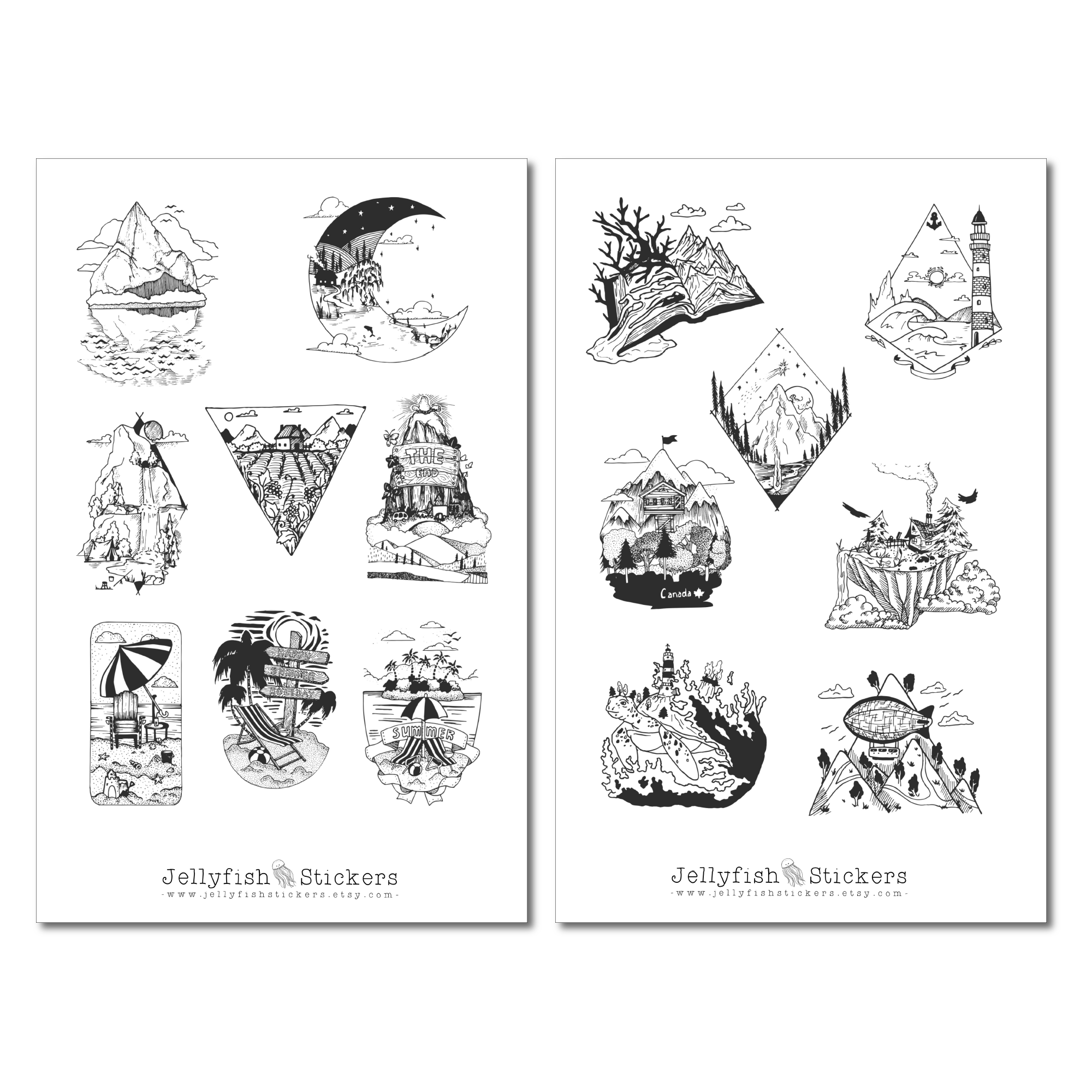 Landschaft schwarz weiß Sticker Set