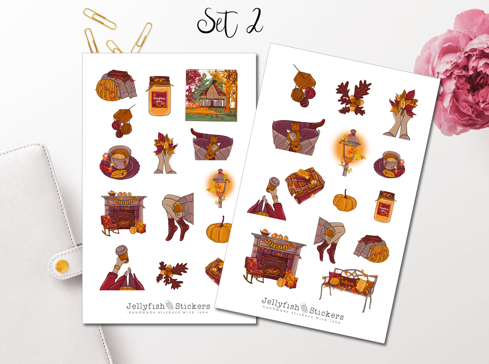 Handgemachte Herbst-Sticker Für Bullet Journal & Pläne | Blumen, Natur, Garten-Motive | 2 Bögen Set