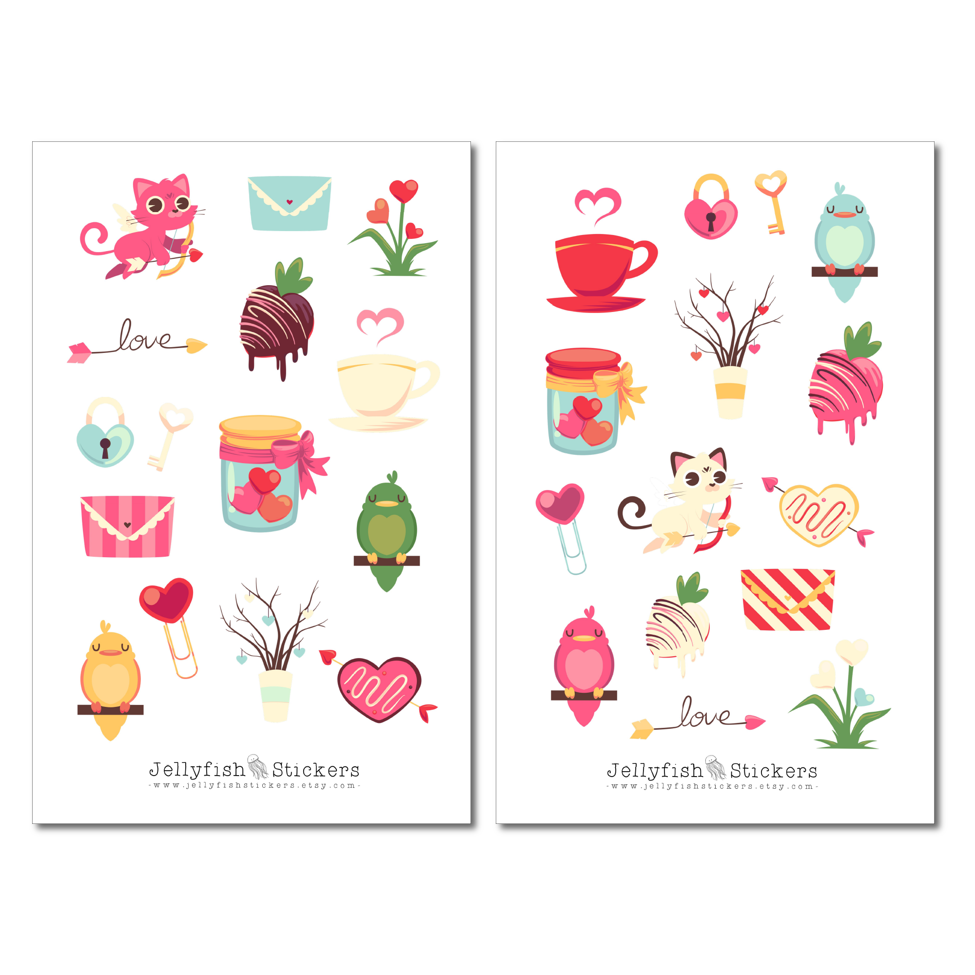 Valentine's Day Cat and Bird Sticker Set