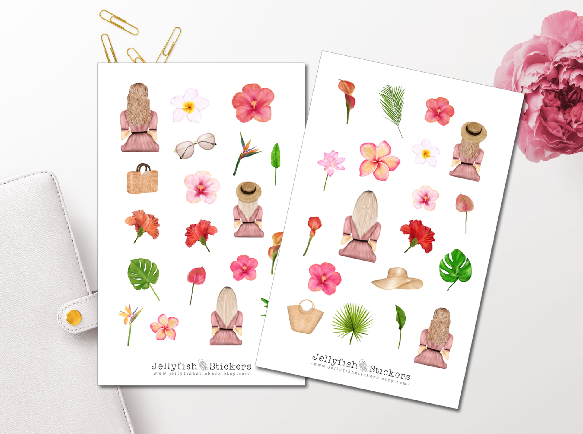 Tropische Blumen-Sticker Set – Handgefertigte Planersticker Im Watercolor-Look